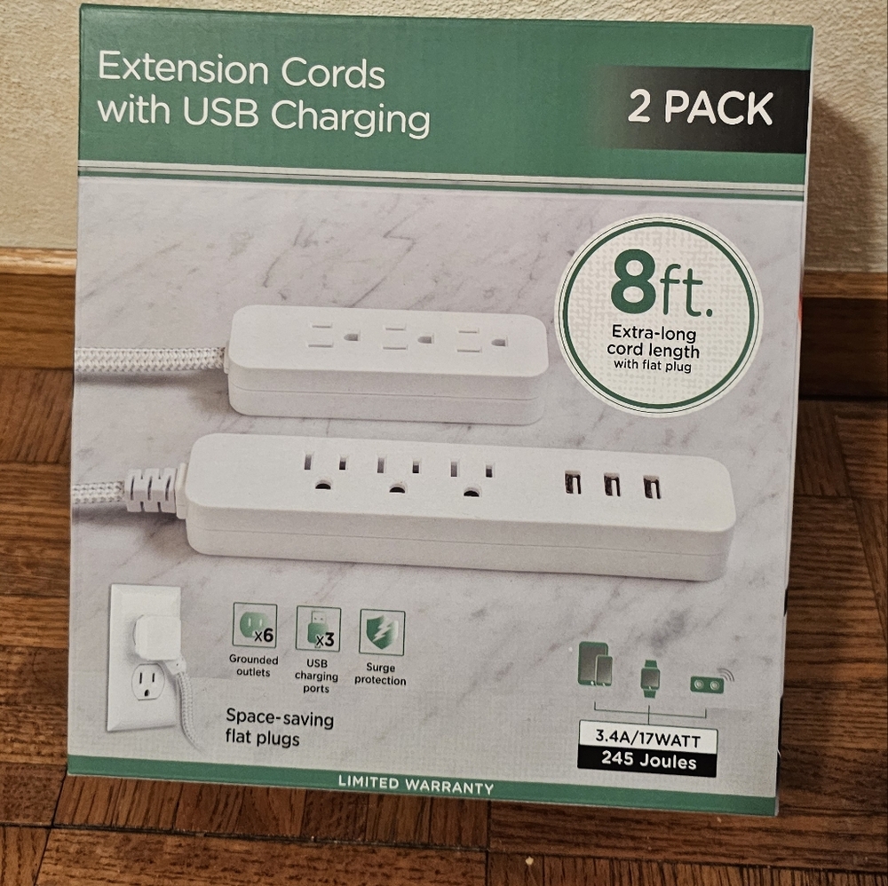 Jasco 2 Pack Extension Cords with USB Charging 8 Ft Extra Long 6 Outlets 3 USB